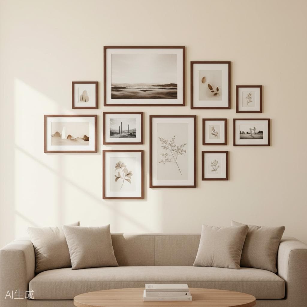 Beautiful gallery wall with wooden picture frames above sofa
