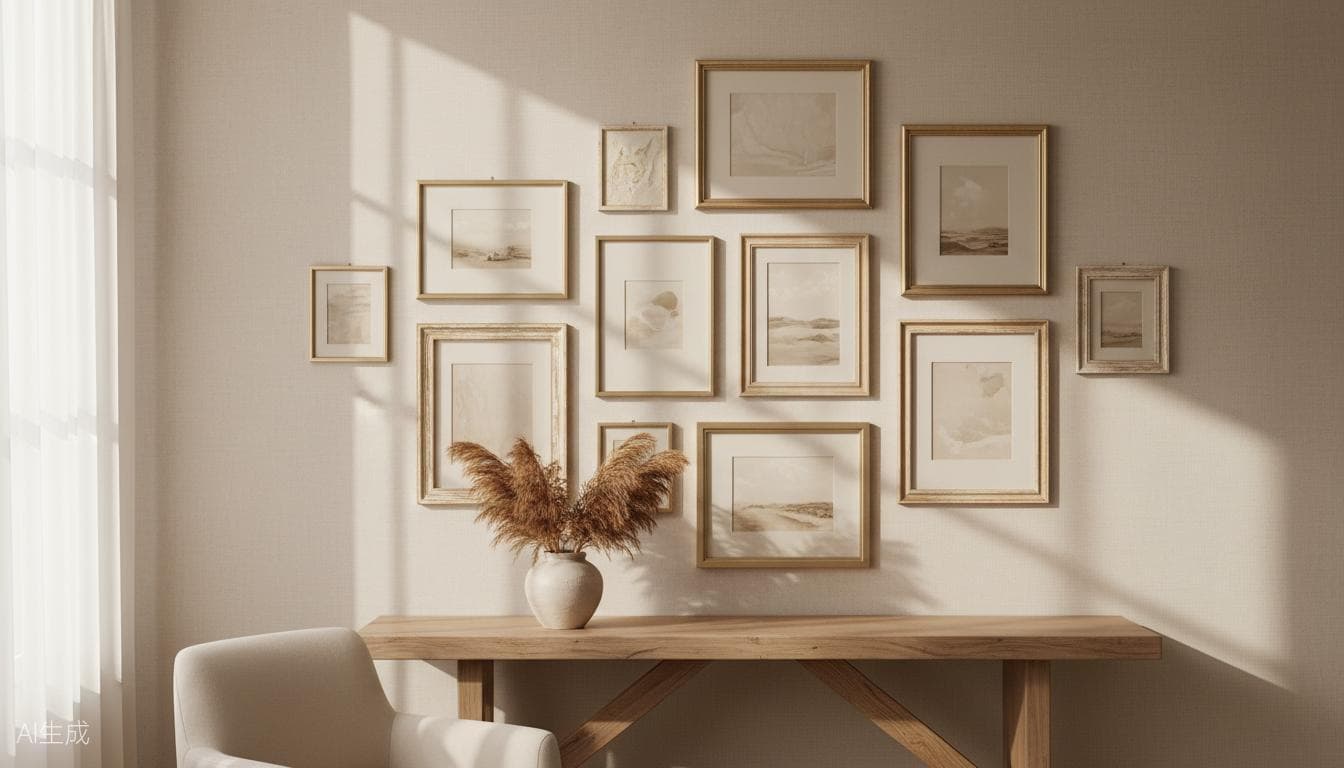 Beautiful gallery wall with custom wooden picture frames